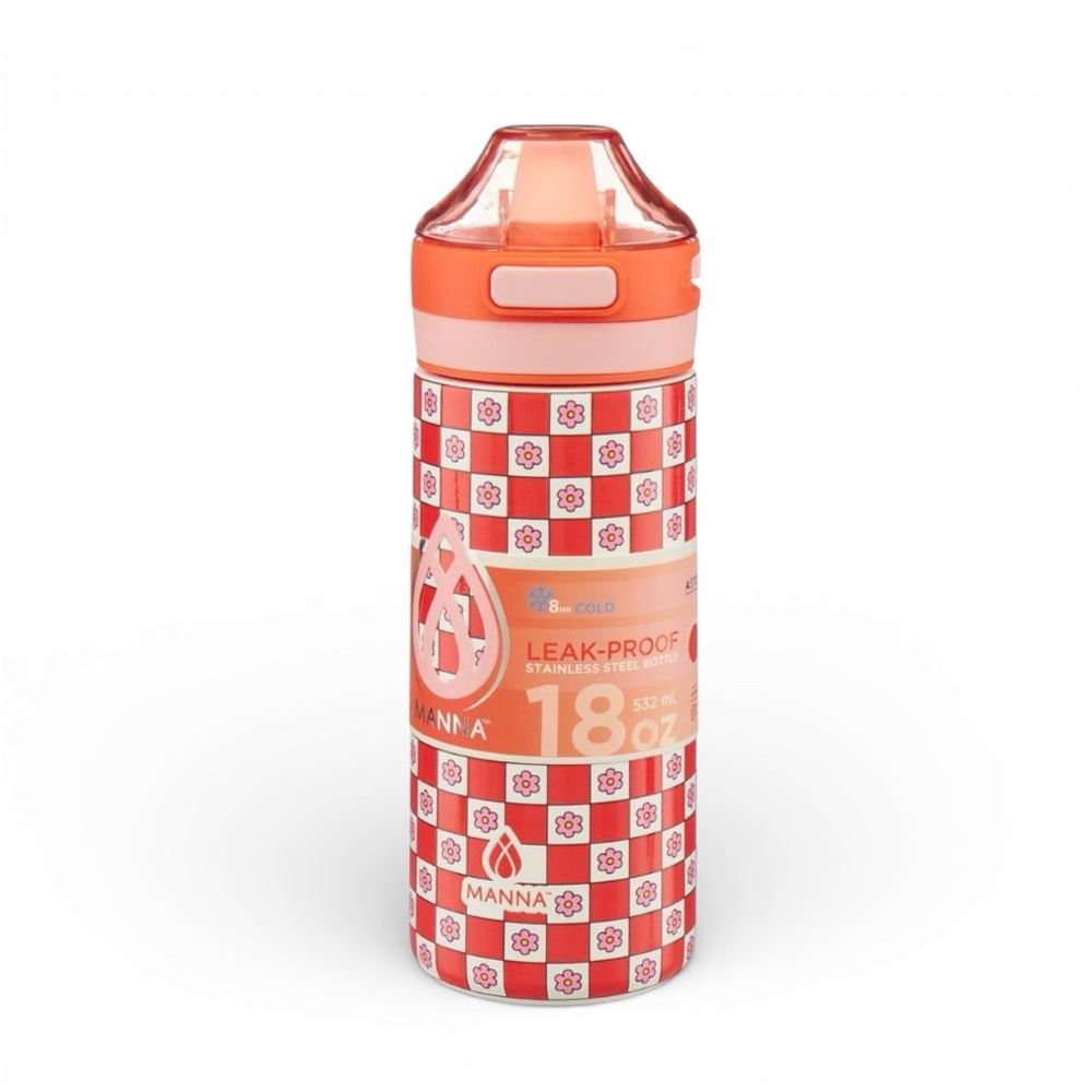 Manna 18oz Orange & Red Floral Check Leak-Proof Water Bottle - Picture 3 of 3